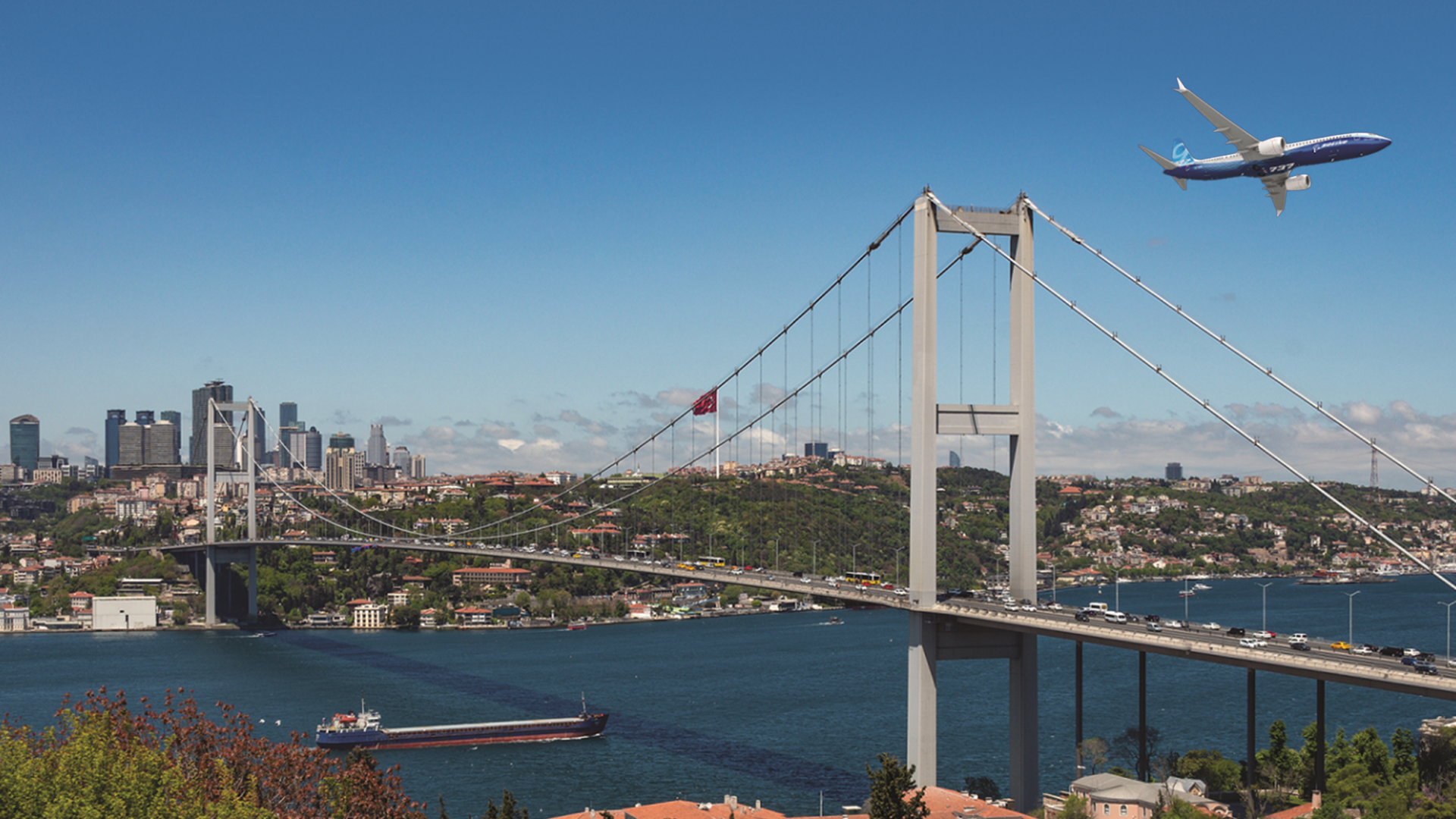 Boeing airplane flying over Istanbul.